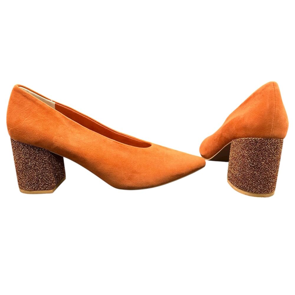 Seychelles Burnt Orange Suede Sparkle Block Heel Pumps Size 7 Leather Upper